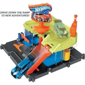 Hot Wheels City Toy Track Set, Downtown Express Car Wash Playset with 1:64 Scale Vehicle, Foam Roller & Drying Flaps
