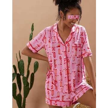 Y2k Pink Cowgirl Boots Satin Pajamas Set for Stylish Comfort - 2 Piece Sleepwear