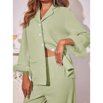 Tankaneo Womens Feather trim Pajama Sets Button Down Long Sleeve Tops Wide Leg Pants Pj Set Soft Sleepwear Green