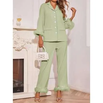 Tankaneo Womens Feather trim Pajama Sets Button Down Long Sleeve Tops Wide Leg Pants Pj Set Soft Sleepwear Green