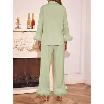 Tankaneo Womens Feather trim Pajama Sets Button Down Long Sleeve Tops Wide Leg Pants Pj Set Soft Sleepwear Green