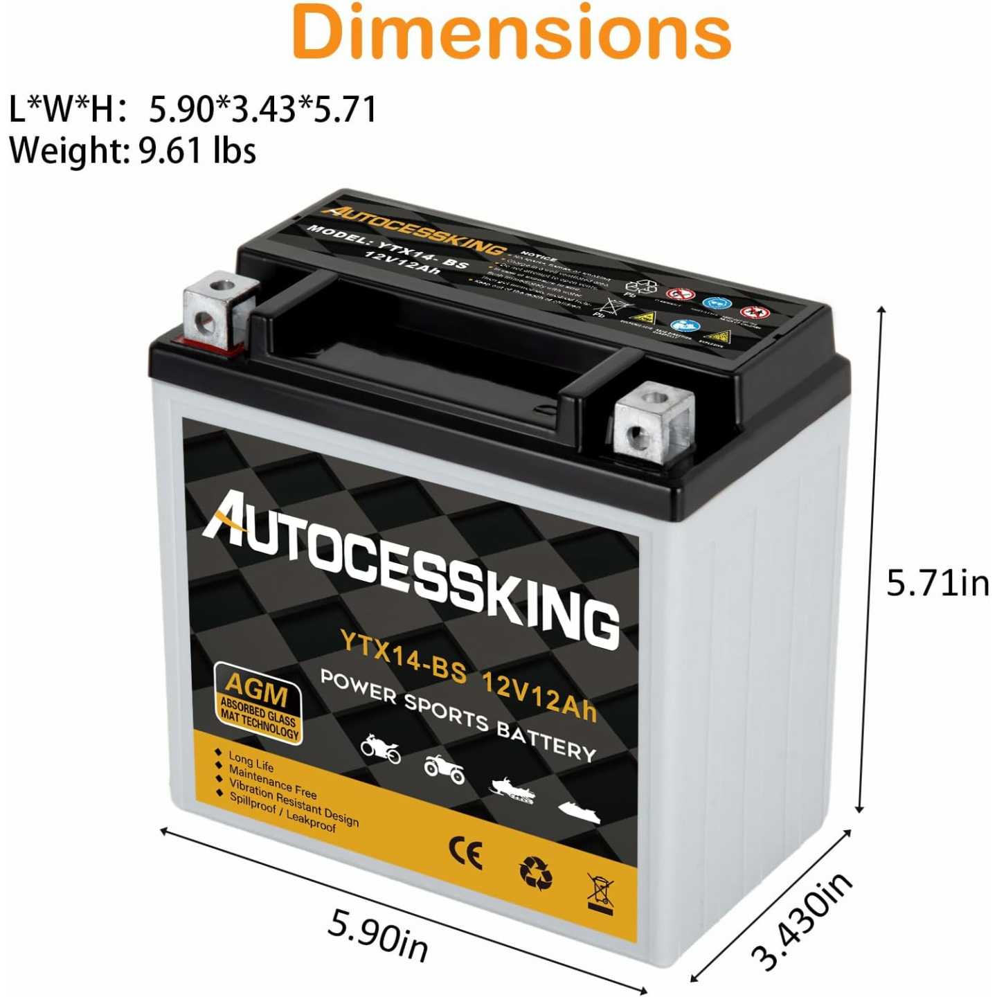 YTX14-BS 12V 12Ah Motorcycle Battery