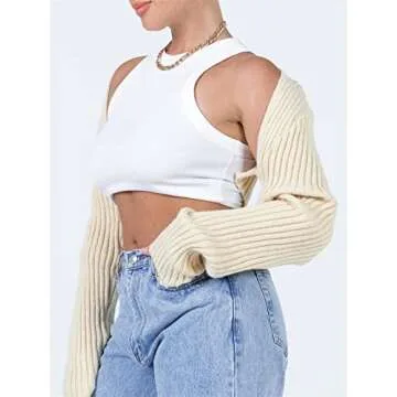 Women Y2K Crochet Shrug Sweater Knit Long Sleeve Crop Tops Bolero Cardigan Cover Ups Solid Color Rib Knitted Streetwear Beige