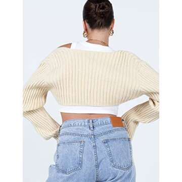 Women Y2K Crochet Shrug Sweater Knit Long Sleeve Crop Tops Bolero Cardigan Cover Ups Solid Color Rib Knitted Streetwear Beige