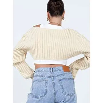 Women Y2K Crochet Shrug Sweater Knit Long Sleeve Crop Tops Bolero Cardigan Cover Ups Solid Color Rib Knitted Streetwear Beige