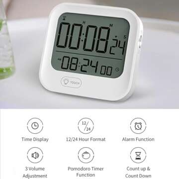 Multifunctional Pomodoro Timer Alarm Clock and Stopwatch for Classroom Productivity Efficiency Teacher Travel Kitchen Cooking, Magnetic Back, 99 Hours Countdown, 12H/24H Time, Touch for Night Light