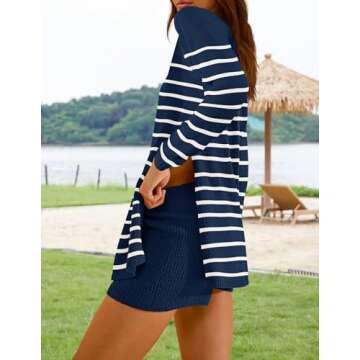 NENONA Women's Striped Spring Summer Sweater Sets 2 Piece Beach Vacation Outfits Long Sleeve Casual Knit Tops & Shorts Loungewear,Navy,S