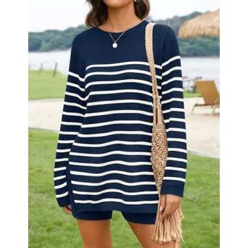 NENONA Women's Striped Spring Summer Sweater Sets 2 Piece Beach Vacation Outfits Long Sleeve Casual Knit Tops & Shorts Loungewear,Navy,S
