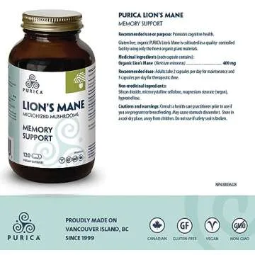 PURICA - Lion's Mane Micronized Mushrooms, 120 Vegan Capsules - Promotes Cognitive Health - Focus and Memory Support