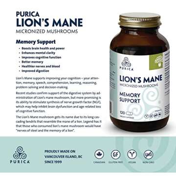 PURICA - Lion's Mane Micronized Mushrooms, 120 Vegan Capsules - Promotes Cognitive Health - Focus and Memory Support