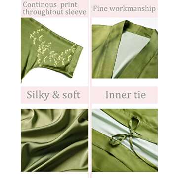 Aensso long soft silk y kimono robes for women, olive green floral lightweight wedding robe