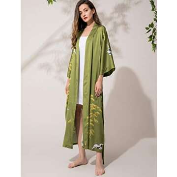 Aensso long soft silk y kimono robes for women, olive green floral lightweight wedding robe