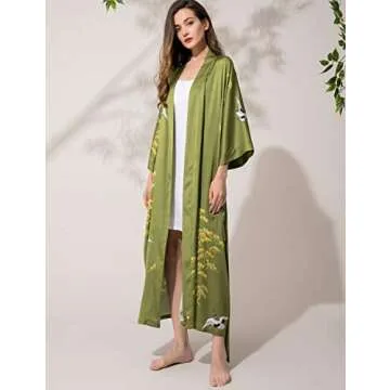 Aensso Floral Long Silk Kimono Robe for Women