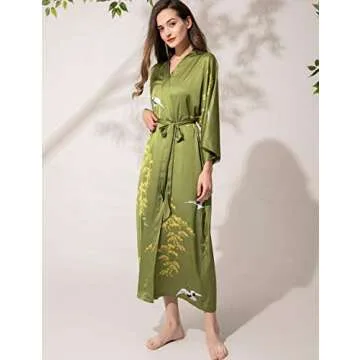Aensso Floral Long Silk Kimono Robe for Women