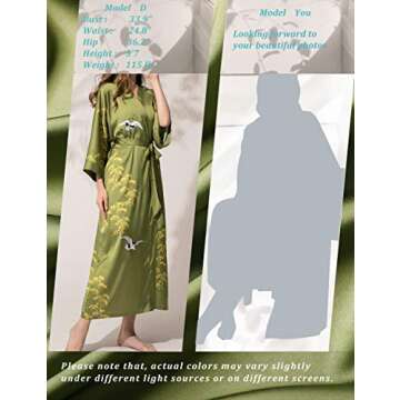 Aensso long soft silk y kimono robes for women, olive green floral lightweight wedding robe