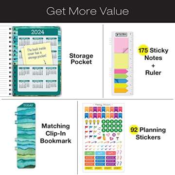 HARDCOVER Academic Year 2023-2024 Planner: (June 2023 Through July 2024) 5.5"x8" Daily Weekly Monthly Planner Yearly Agenda. Bookmark, Pocket Folder and Sticky Note Set (Green Watercolor Waves)