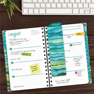 HARDCOVER Academic Year 2023-2024 Planner: (June 2023 Through July 2024) 5.5"x8" Daily Weekly Monthly Planner Yearly Agenda. Bookmark, Pocket Folder and Sticky Note Set (Green Watercolor Waves)
