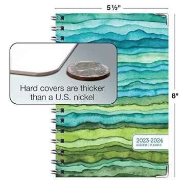 HARDCOVER Academic Year 2023-2024 Planner: (June 2023 Through July 2024) 5.5"x8" Daily Weekly Monthly Planner Yearly Agenda. Bookmark, Pocket Folder and Sticky Note Set (Green Watercolor Waves)