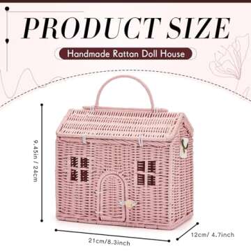 Wettarn Handmade Rattan Doll House Rattan House Shape Shoulder Bag Wicker Basket with Lid for Doll Toys Storage Basket Small Dollhouses Cute Woven Handcrafted Artwork Gift(Pink)