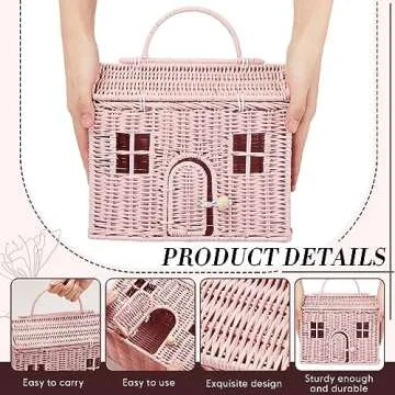 Wettarn Handmade Rattan Doll House Rattan House Shape Shoulder Bag Wicker Basket with Lid for Doll Toys Storage Basket Small Dollhouses Cute Woven Handcrafted Artwork Gift(Pink)