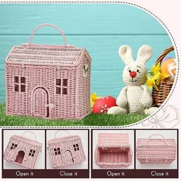 Wettarn Handmade Rattan Doll House Rattan House Shape Shoulder Bag Wicker Basket with Lid for Doll Toys Storage Basket Small Dollhouses Cute Woven Handcrafted Artwork Gift(Pink)