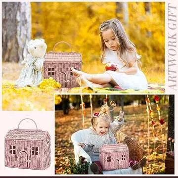 Wettarn Handmade Rattan Doll House Rattan House Shape Shoulder Bag Wicker Basket with Lid for Doll Toys Storage Basket Small Dollhouses Cute Woven Handcrafted Artwork Gift(Pink)
