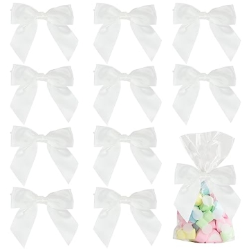 AIMUDI White Satin Twist Tie Bows for Treat Bags 4.5" Pre-Tied White Ribbon Bows for Crafts Gift Wra...