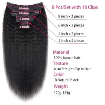 Kinky Straight Clip in Hair Extensions for Women 100% Unprocessed Brazilian Virgin Hair Clip Ins 120g Seamless 8pcs Per Set with 18Clips Double Weft Clip on Extensions Human Hair (20 Inch)