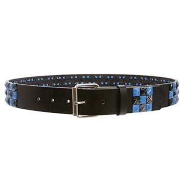 Snap On 1 1/2" Blue & Black Checkerboard Punk Rock Studded Belt, L 36"-38"