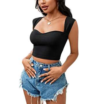 LYANER Women's Square Neck Ribbed Knit Sleeveless Slim Fit Solid Crop Top Shirt Black Small