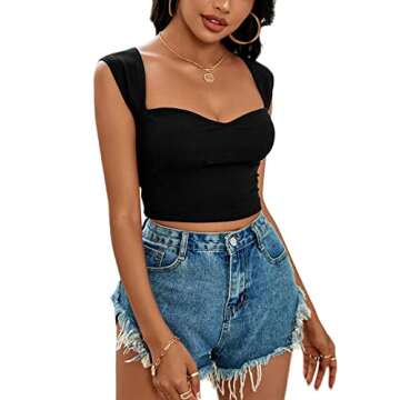 LYANER Women's Square Neck Ribbed Knit Sleeveless Slim Fit Solid Crop Top Shirt Black Small