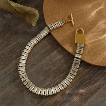 OSKINIA Tennis Bracelet Rectangular Cubic Zirconiaia Bridal Bridesmaids Wedding Classic Bracelets Titanium steel 18K Yellow Gold Plated 6mm Gemstone Birthday Jewelry Gifts for Women,17.5CM with Lock T buckle