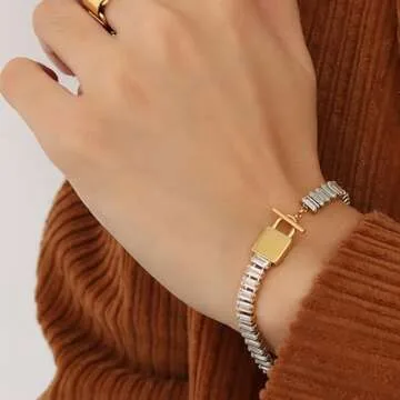 OSKINIA Tennis Bracelet Rectangular Cubic Zirconiaia Bridal Bridesmaids Wedding Classic Bracelets Titanium steel 18K Yellow Gold Plated 6mm Gemstone Birthday Jewelry Gifts for Women,17.5CM with Lock T buckle