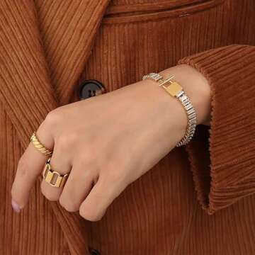 OSKINIA Tennis Bracelet Rectangular Cubic Zirconiaia Bridal Bridesmaids Wedding Classic Bracelets Titanium steel 18K Yellow Gold Plated 6mm Gemstone Birthday Jewelry Gifts for Women,17.5CM with Lock T buckle