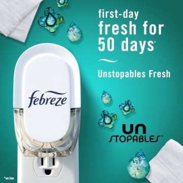 Febreze Plug in Air Freshener, Odor-Fighting Scented Oil Refill, Air Fresheners for Home and Bathroom and Kitchen, Long Lasting for Strong Odors, Unstopables Fresh Scent, 0.87oz Refills, 3 Count