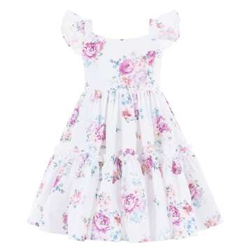 Flofallzique Floral Girls Dress Summer Casual Ruffle Sleeves Tiered Kids Vintage Sundress(4,Lilac Fl...