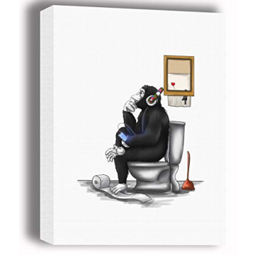 Blanche Gifts Black and White Banksy DJ Thinking Monkey Sitting on Toilet Seat Canvas Wall Art Print...