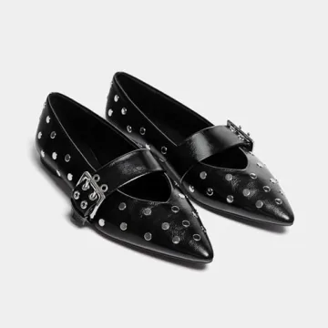 Yishaweiqi Black Studs Ballet Flats Women Stylish Comfortable