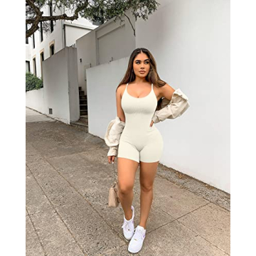 OQQ Women's Yoga Romper Beige Stylish Comfort for Workouts
