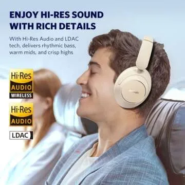 EarFun Wave Pro Active Noise Canceling Headphones, Wireless Over Ear Bluetooth Headphones, LDAC Hi-Res Sound, 5 Mics AI Clear Call, 80H Playtime, Multipoint Connection, Comfort Fit, Oat White
