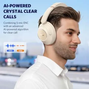 EarFun Wave Pro Active Noise Canceling Headphones, Wireless Over Ear Bluetooth Headphones, LDAC Hi-Res Sound, 5 Mics AI Clear Call, 80H Playtime, Multipoint Connection, Comfort Fit, Oat White