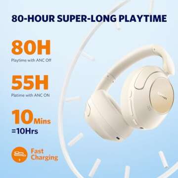 EarFun Wave Pro Active Noise Canceling Headphones, Wireless Over Ear Bluetooth Headphones, LDAC Hi-Res Sound, 5 Mics AI Clear Call, 80H Playtime, Multipoint Connection, Comfort Fit, Oat White