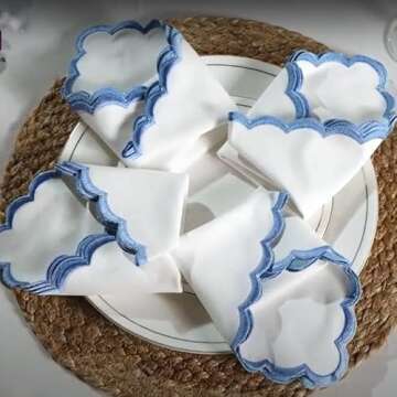 Ridhi Cloth Napkins 100% Pure Cotton Farmhouse Wedding Dinner Napkins for Halloween, Thanksgiving, Holiday Daily Wedding uses Napkins (4-18" x 18" Dinner Napkin, White with Blue Edge)