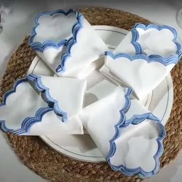 Ridhi Cloth Napkins 100% Pure Cotton Farmhouse Wedding Dinner Napkins for Halloween, Thanksgiving, Holiday Daily Wedding uses Napkins (4-18" x 18" Dinner Napkin, White with Blue Edge)