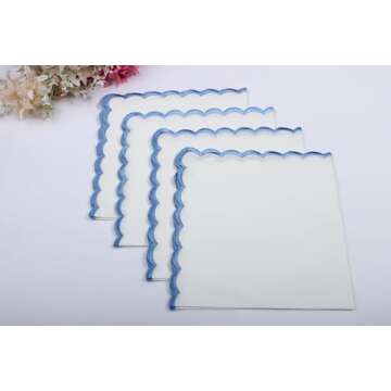 Ridhi Cloth Napkins 100% Pure Cotton Farmhouse Wedding Dinner Napkins for Halloween, Thanksgiving, Holiday Daily Wedding uses Napkins (4-18" x 18" Dinner Napkin, White with Blue Edge)