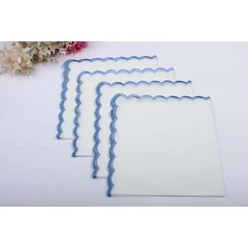 Ridhi Cloth Napkins 100% Pure Cotton Farmhouse Wedding Dinner Napkins for Halloween, Thanksgiving, Holiday Daily Wedding uses Napkins (4-18" x 18" Dinner Napkin, White with Blue Edge)