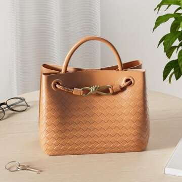 URAWOW Woven Bags for Women Bowknot Small Tote Shoulder Hobo Crossbody Bags PU Leather Handwoven Woven Purse, Brown