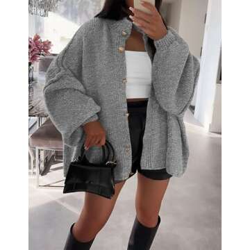 PRETTYGARDEN Women's Winter Button Down Cardigan Sweaters Mock Neck Lantern Long Sleeve Chunky Knit Jacket Trendy Outerwear (Grey,Medium)