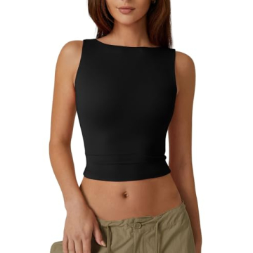 QINSEN High Neck Open Back Cropped Tank - Stylish Summer Tee Shirt