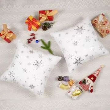 Christmas Pillow Covers 18 x 18 Inch, Set of 2 Silver Sparkle Chic Snowflake Throw Pillow Covers for Winter Holiday, Christmas Decorative Fluffy Plush Soft Cushion Cases for Sofa Couch Bench, White